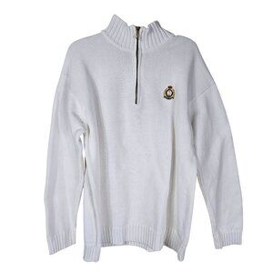 VTG Lauren Ralph Lauren White Quarter Zip Sweater L Crested Chest Cotton Preppy